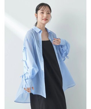 earth music&ecology 袖スリットリボンロングシャツ Blue