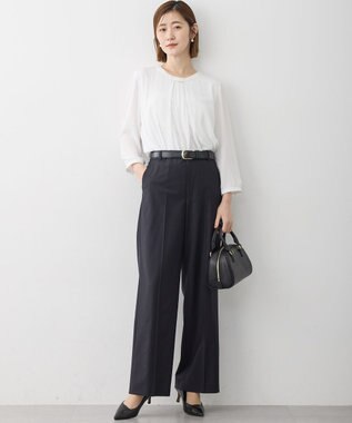 23区 L 【セットアップ着用】ファインネスウール ワイド パンツ ネイビーストライプ