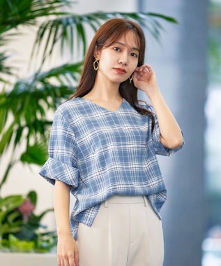 Tiaclasse L 【洗える】ゆったりシルエットの幅広カフスブラウス ブルーチェック