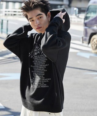 WEGO グラフィックプリントニットパーカー ブラック