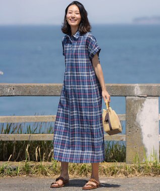 J.PRESS LADIES コットンリネン Light マドラスチェック シャツ ワンピース ネイビー系