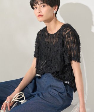 AMERICAN HOLIC チュールフリンジシアーＴシャツ Black