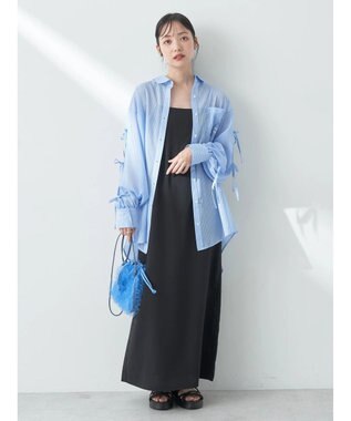 earth music&ecology 袖スリットリボンロングシャツ Blue