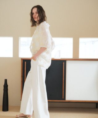 YECCA VECCA フリルVネック刺繍シアーシャツ Ivory