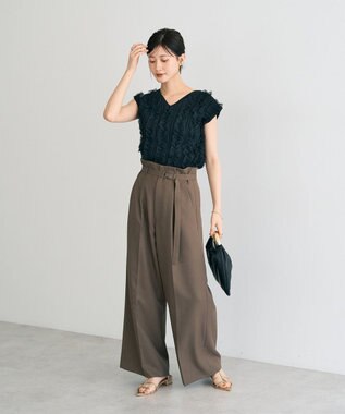 YECCA VECCA 【UVカット/接触冷感/洗える】ベルト付きイージーケアワイドパンツ Dark Beige