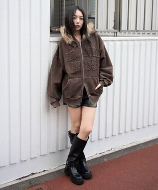 WEGO 裏起毛ファーフードBIGZIPパーカー ブラウン