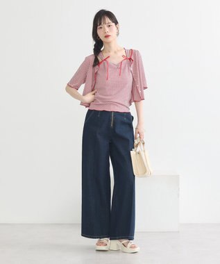 earth music&ecology ＳＥＴ２点ギンガムメロ－カーデ＋リボンタンク Red