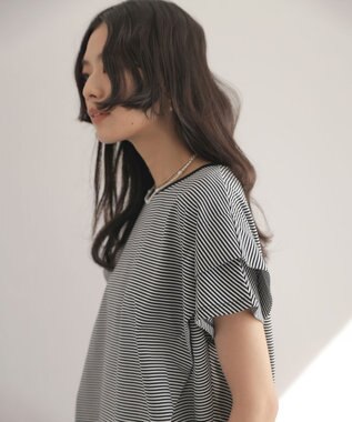 組曲 S GIZAコットンドルマンスリーブ Tシャツ ネイビー×オフ系2