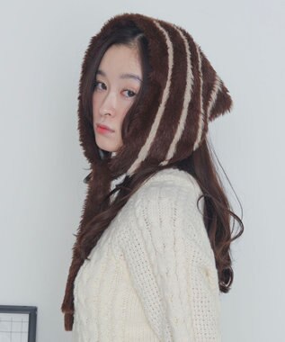 WEGO ボーダーニットバブーシュカ ブラウン