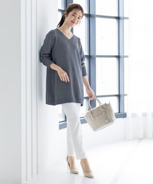 Tiaclasse L 【洗える】Vネックリブニットチュニック グレー