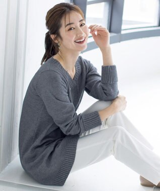 Tiaclasse L 【洗える】Vネックリブニットチュニック グレー