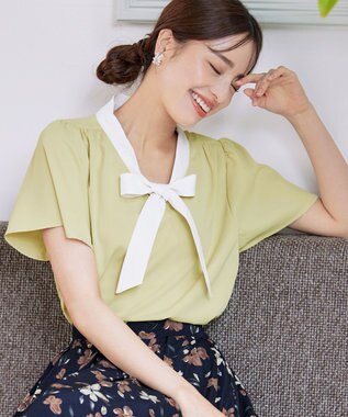 Tiaclasse 【洗える】配色リボンタイブラウス ライム