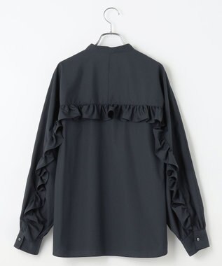 #Newans 【シワになりにくい/洗濯機可能】ラウンドフリルバンドカラーシャツ ネイビー