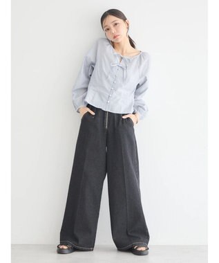 earth music&ecology フロントリボンブラウス Stripe Navy