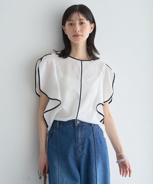 YECCA VECCA 配色ラッフルスリーブブラウス Off White