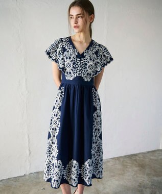GRACE CONTINENTAL バイカラー刺繍コットンワンピース ネイビー