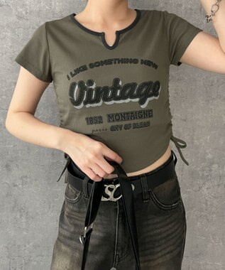 WEGO 配色サイドギャザーVネックT