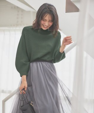 ANY 【洗濯機可】パフスリーブガーターニット モスグリーン