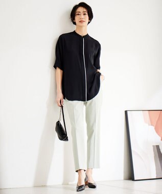 ICB L 【新色追加・接触冷感・UVケア・速乾・洗える】BackSatinAmunzen 5分袖バンドカラーブラウス ブラック系