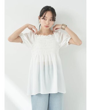 earth music&ecology ２ｗａｙショルダーシャーリングチュニック Off White