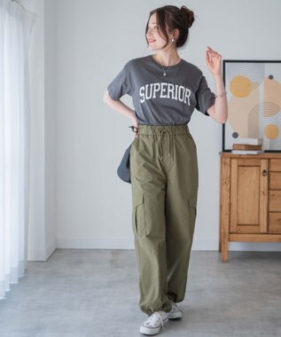 WEGO 【ウエストゴム】ナイロンイージーワイドカーゴパンツ カーキ