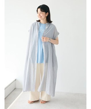 CRAFT STANDARD BOUTIQUE インド綿バンドカラーワンピース Stripe Gray