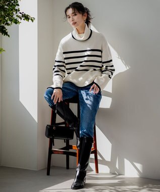 23区 【洗える】ウールミドルゲージ ボーダー ニット オフ×ブラックボーダー