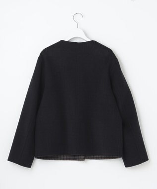 J.PRESS LADIES S 【リバーシブル】ウールナイロン リバーチェック ノーカラー ショートコート ネイビー系