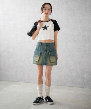 WEGO ヴィンテージウォッシュデニムカーゴミニスカート デニム中濃加工色