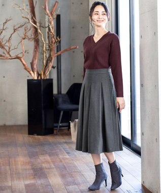 Tiaclasse L 【洗える】大人上品なウール調タックフレアスカート チャコールグレー