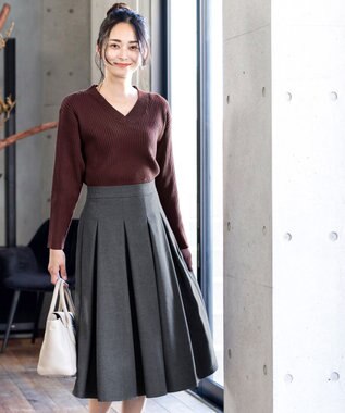 Tiaclasse L 【洗える】大人上品なウール調タックフレアスカート チャコールグレー