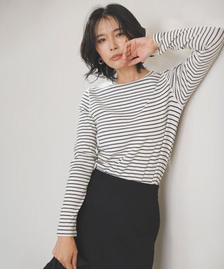 UNFILO コットンカシミヤ クルーネックカットソー エクリュ×ブラック