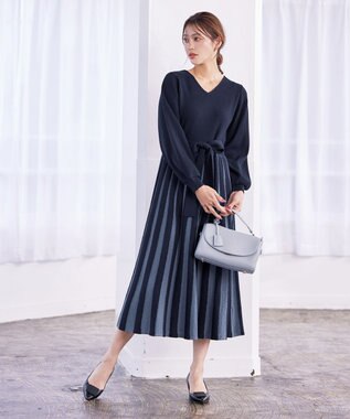 Tiaclasse 【洗える】レース編みニットフレアワンピース ネイビー