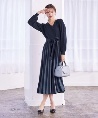 Tiaclasse 【洗える】レース編みニットフレアワンピース ネイビー