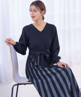 Tiaclasse 【洗える】レース編みニットフレアワンピース ネイビー