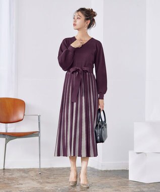 Tiaclasse 【洗える】レース編みニットフレアワンピース パープル