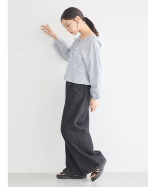 earth music&ecology フロントリボンブラウス Stripe Navy