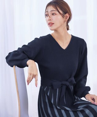 Tiaclasse 【洗える】レース編みニットフレアワンピース ネイビー