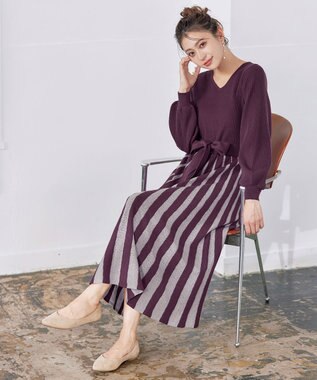 Tiaclasse 【洗える】レース編みニットフレアワンピース パープル