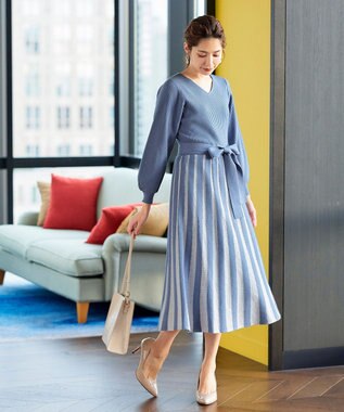 Tiaclasse 【洗える】レース編みニットフレアワンピース サックス