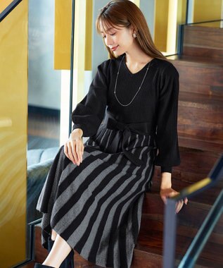 Tiaclasse 【洗える】レース編みニットフレアワンピース ブラック