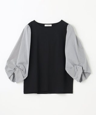 ANY 【洗濯機可】着映える袖ねじりトップス オフ×ストライプ