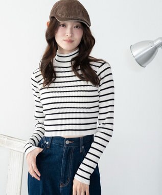 WEGO 【2025年秋冬新作】リブハイネックショートニット ホワイトボーダー