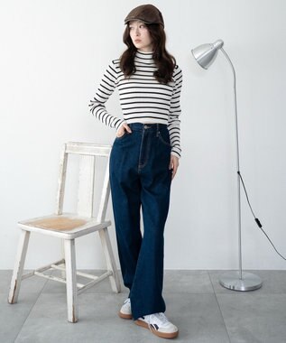 WEGO 【2025年秋冬新作】リブハイネックショートニット ホワイトボーダー