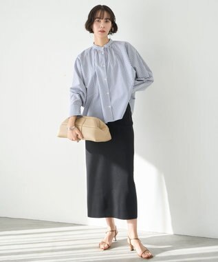 UNFILO 【新色追加】ギャザーワイドシャツ ネイビーストライプ