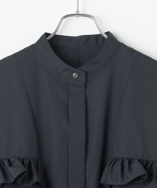 #Newans 【シワになりにくい/洗濯機可能】ラウンドフリルバンドカラーシャツ ネイビー