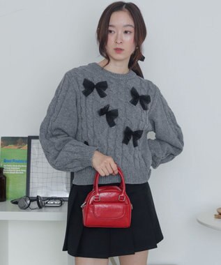 WEGO チュールリボンケーブルニット 杢グレー