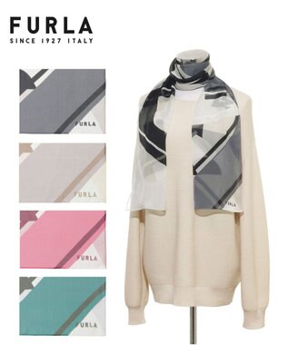 MOONBAT 【シルク100%】FURLA (フルラ) アーチロゴ 幾何学柄 シルクシフォンプリントスカーフ 150cm×35cm 手洗い可能 グレー