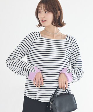 earth music&ecology バイカラースクエアネックボーダープルオーバー