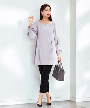 Tiaclasse 【洗える】プリーツパフ袖チュニックブラウス グレー